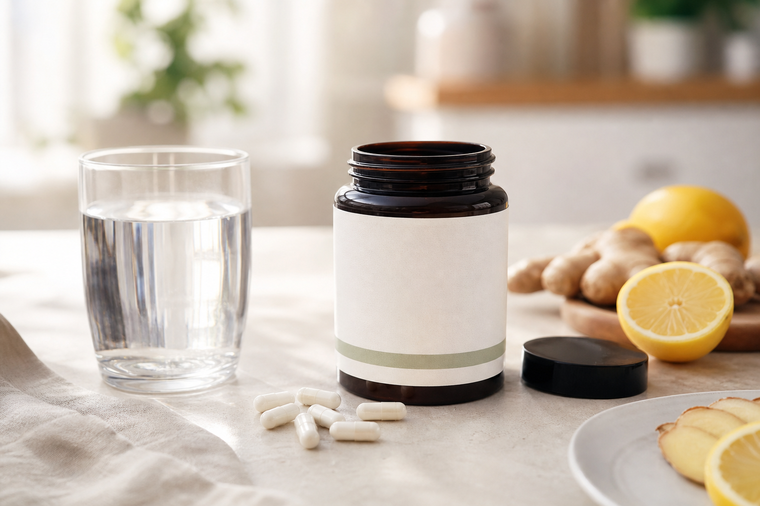 Fotorealistisches Editorial-Bild für einen deutschen Gesundheitsartikel über Nahrungsergänzungsmittel, Thema: NAC (N-Acetylcystein). Eine geöffnete Dose mit neutral gestaltetem Nahrungsergänzungsmittel-Etikett ohne Markenname steht auf einem hellen Küchentisch, daneben einige weiße Kapseln und ein Glas Wasser, im Hintergrund unscharf frische Zutaten wie Zitrone und Ingwer. Natürliches Morgenlicht, neutrale bis leicht warme Farbtemperatur, saubere realistische Szene, hohe Detailtreue, keine übertriebenen Farben, kein Text im Bild.
