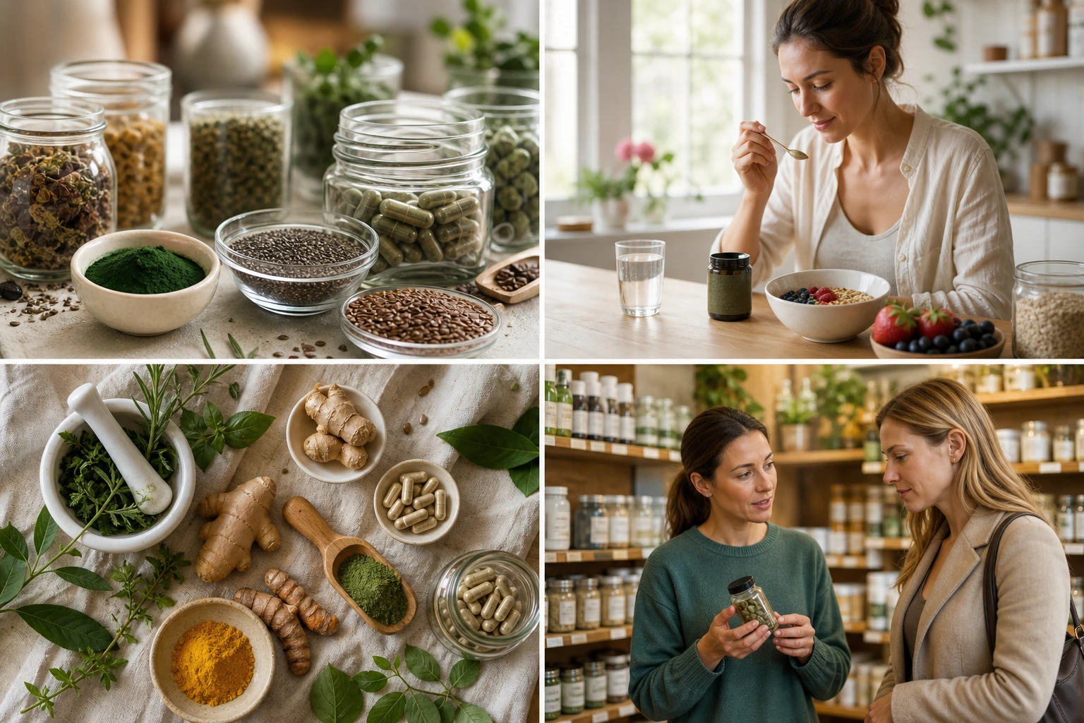 Realistische Nahaufnahme von natürlichen Nahrungsergänzungsmitteln in Glasgefäßen und kleinen Schalen: Spirulina-Pulver, Chiasamen, Leinsamen, getrocknete Kräuter und pflanzliche Kapseln, aufgenommen in einer modernen Küche bei neutral-warmem Morgenlicht, natürliche Farben, glaubwürdige Texturen, editorial Stil, sauber und hochwertig, keine Verpackungen mit Logos, keine künstlichen Farben.','Authentische Szene mit einer Person, die natürliche Nahrungsergänzungsmittel in den Alltag integriert: ein Glas Wasser, ein kleiner Löffel mit Pflanzenpulver, offene Dose ohne Marke, frisches Obst und Haferflocken auf dem Frühstückstisch, freundliches natürliches Fensterlicht, realistische Hauttöne, ungestellte Lifestyle-Fotografie, harmonische Farbtemperatur, gesundes aber glaubwürdiges Ambiente.','Realistische Flatlay-Komposition zum Thema natürliche Nahrungsergänzungsmittel: Mörser mit Kräutern, Kurkumawurzel, Ingwer, grüne Blätter, pflanzliche Kapseln, Messlöffel mit Pulver und kleine Glasbehälter, auf hellem Leinenstoff und Holzuntergrund, weiches diffuses Tageslicht, natürliche Farben, hochwertige Magazinoptik, minimalistisch und vertrauenswürdig.','Natürliche, realistische Beratungsszene in einer Apotheke oder Reformhaus-Umgebung: eine Fachperson zeigt einer Kundin verschiedene natürliche Nahrungsergänzungsmittel in schlichten, markenlosen Behältern, Regale mit Kräutern und pflanzlichen Produkten im Hintergrund, warm-neutrale Innenbeleuchtung, authentische Interaktion, seriös, gesundheitsorientiert, keine sterile Laborästhetik.