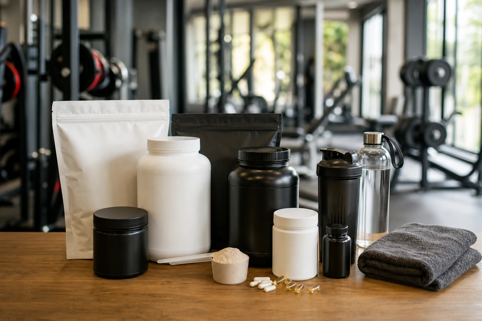 Natürliche, realistische Editorial-Fotografie für einen deutschen Artikel über Nahrungsergänzungsmittel für Sportler: verschiedene Supplement-Dosen und Beutel wie Proteinpulver, Elektrolyte, Kreatin und Vitamine ordentlich auf einem Holztisch neben Shaker, Wasserflasche und gefaltetem Handtuch, im Hintergrund unscharfes modernes Fitnessstudio, authentisches Tageslicht, ausgewogene neutrale bis leicht warme Farbtemperatur, hohe Detailtreue, keine Markenlogos, kein Text im Bild.