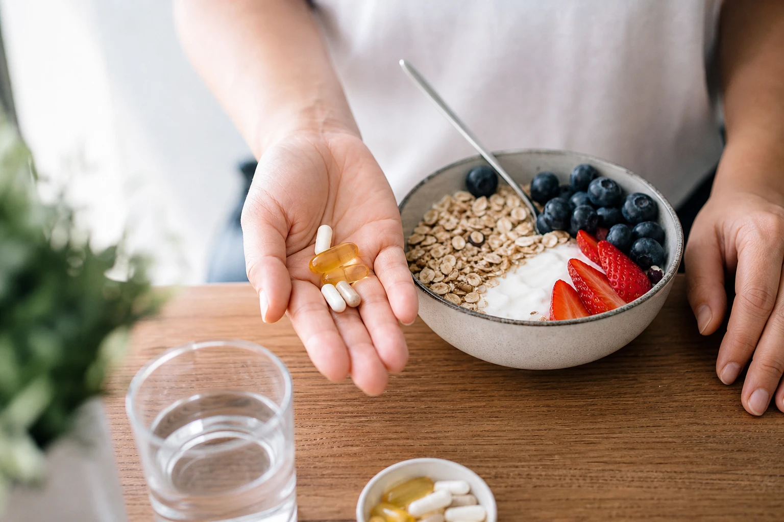 Realistische Nahaufnahme einer täglichen Supplement-Routine: eine erwachsene Person sitzt am Frühstückstisch und legt einige Nahrungsergänzungsmittel neben eine gesunde Mahlzeit mit Joghurt, Obst und Haferflocken, Fokus auf die Hand, die eine kleine Menge Kapseln hält, natürlicher Lifestyle-Look, authentisch statt inszeniert, sanftes Morgenlicht, natürliche Hauttöne, neutrale bis leicht warme Farbtemperatur, fotorealistisch, redaktioneller Stil für Gesundheitsartikel, keine Markenlogos und keine medizinische Überdramatisierung.