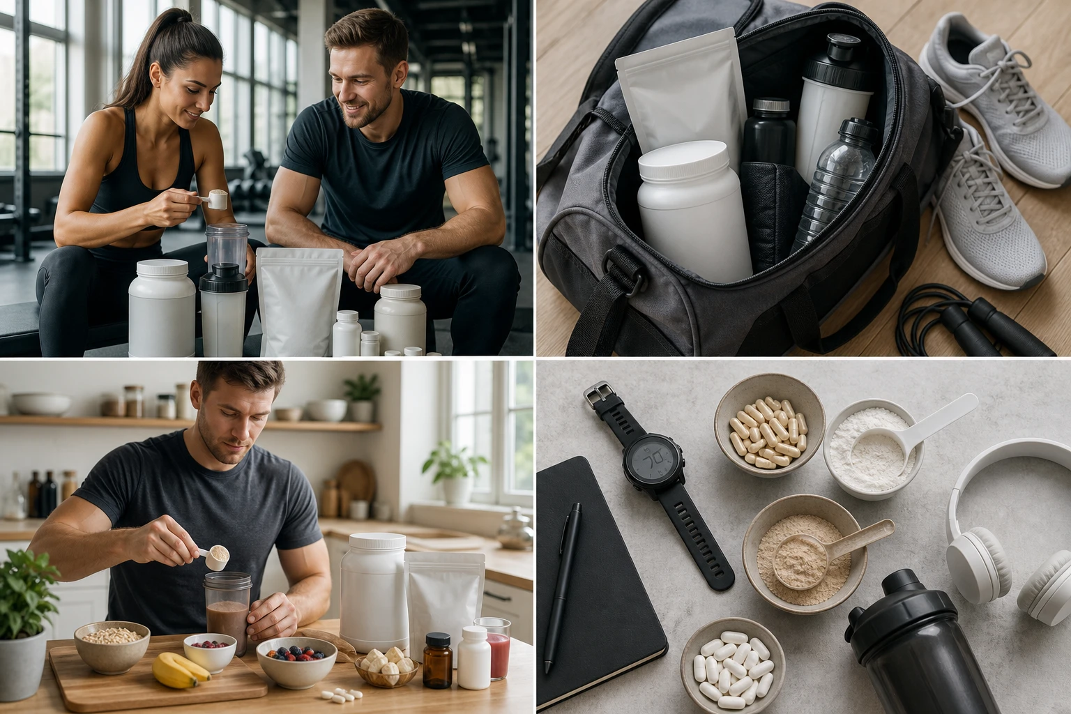 Realistische Szene nach dem Training: sportliche Frau und sportlicher Mann in funktioneller Sportkleidung sitzen in einem hellen Gym-Bereich und bereiten einen Shake zu, vor ihnen stehen Proteinpulver, Elektrolyte und Kapseln in neutralen Verpackungen, glaubwürdige Körpersprache, natürliche Hauttöne, dokumentarischer Fotostil, weiches Tageslicht, passende natürliche Farbtemperatur, keine Markenlogos, kein Text im Bild.','Nahaufnahme eines offenen Sportbeutels mit sinnvoll angeordneten Nahrungsergänzungsmitteln für Sportler: Shaker, Proteinbeutel, Kreatin-Dose, Magnesium, Riegel und Wasserflasche, daneben Laufschuhe und Springseil, realistischer Alltagslook, natürliche Materialien und Farben, sanftes Licht, neutrale Farbtemperatur, hochwertige Produkt- und Lifestyle-Fotografie, keine Markenlogos, kein Text im Bild.' , 'Authentische Küchenszene für einen Gesundheitsartikel: sportlicher Freizeitathlet bereitet morgens einen Supplement-Plan vor, kleine Schalen mit Haferflocken, Banane, Beeren, daneben Proteinpulver, Omega-3, Vitamin D und Elektrolytgetränk in schlichten Verpackungen, natürlicher realistischer Look, helles Fensterlicht, harmonische leicht warme Farbtemperatur, keine Markenlogos, kein Text im Bild.','Realistische Flatlay-Komposition zum Thema Nahrungsergänzungsmittel für Sportler: Messlöffel mit Proteinpulver, Kreatin, Kapseln, Tabletten, Sportuhr, Trainingsplan ohne lesbaren Text, Kopfhörer und Trinkflasche auf heller Steinoberfläche, sauber und modern, medizinisch-seriöser aber lebensnaher Stil, natürliche Beleuchtung, neutrale Farbtemperatur, hohe Schärfe, keine Markenlogos, kein Text im Bild.