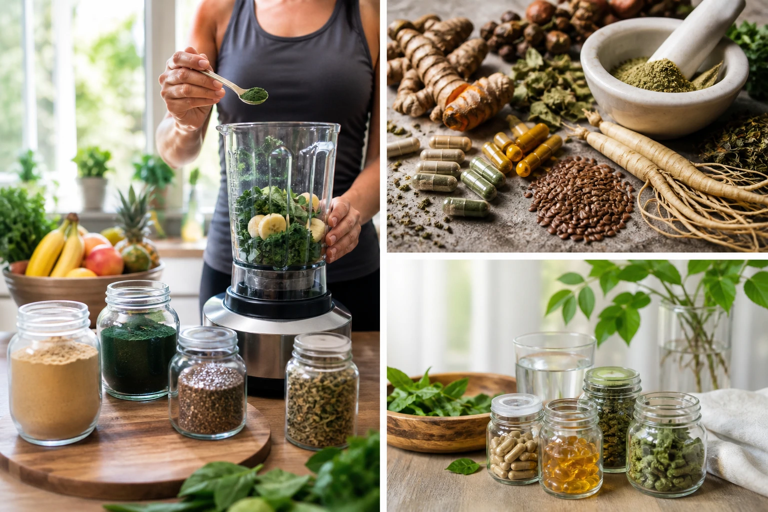 Natürliche, realistische Küchenszene: eine erwachsene Person bereitet einen gesunden Smoothie mit natürlichen Nahrungsergänzungsmitteln zu, daneben stehen offene Gläser mit pflanzlichem Proteinpulver, Spirulina, Chiasamen und Kräutern, frisches Obst und Gemüse im Hintergrund, authentisches Morgenlicht durch ein Fenster, ausgewogene natürliche Farben, fotorealistisch, lebendig aber glaubwürdig, keine Logos, kein Text im Bild, Fokus auf Gesundheit und Natürlichkeit.','Makroaufnahme natürlicher Nahrungsergänzungsmittel: Kapseln aus Pflanzenextrakten, lose Kräuter, Mörser mit gemahlenen Pflanzenstoffen, Kurkumawurzel, Ginseng, Leinsamen und getrocknete Blätter auf einer naturbelassenen Oberfläche, sehr realistische Details, sanfte Tiefenschärfe, neutrales bis leicht warmes Tageslicht, hochwertige Food- und Still-Life-Fotografie, keine Verpackungen mit Marken, kein Text.','Hochwertiges Lifestyle-Foto für einen Magazinartikel: natürliche Nahrungsergänzungsmittel in schlichten Glasbehältern auf einem Tisch neben frischen botanischen Zutaten und einem Glas Wasser, minimalistisches gesundes Umfeld, helle freundliche Atmosphäre, authentisches natürliches Licht, realistische Farben und Hauttöne falls Personenhände sichtbar sind, modern, vertrauenswürdig, fotorealistisch, ohne Schrift, ohne Marken.