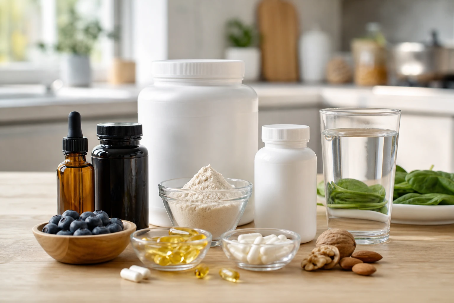 Fotorealistisches Titelbild für einen Artikel über die besten Nahrungsergänzungsmittel: verschiedene hochwertige Nahrungsergänzungsmittel wie Vitamin-D-Tropfen, Omega-3-Kapseln, Magnesium, Proteinpulver und Probiotika ordentlich auf einem hellen Holztisch arrangiert, daneben ein Glas Wasser, frische Zutaten wie Beeren, Nüsse und grünes Blattgemüse, natürliches Tageslicht, neutrale bis leicht warme Farbtemperatur, moderne Küche im unscharfen Hintergrund, keine Marken, keine lesbaren Etiketten.