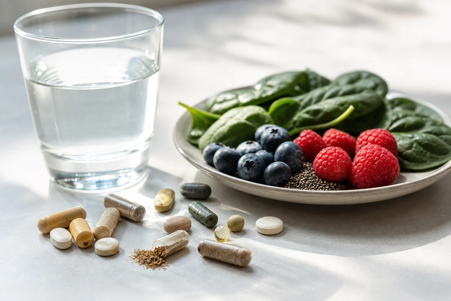 Realistische Nahaufnahme von veganen Nahrungsergänzungsmitteln: geöffnete Kapseln und Tabletten in natürlichen Farben neben einem Glas Wasser und einem kleinen Teller mit pflanzlichen Lebensmitteln wie Spinat, Beeren und Chiasamen, saubere minimalistische Komposition, natürliches Fensterlicht, authentische Farben, fotorealistisch, keine Verpackung mit Logo, kein Text im Bild.|zWMFm02n73ghCwA8nhlB2F6oVj5zR3bU0CFW6RhOoO4=